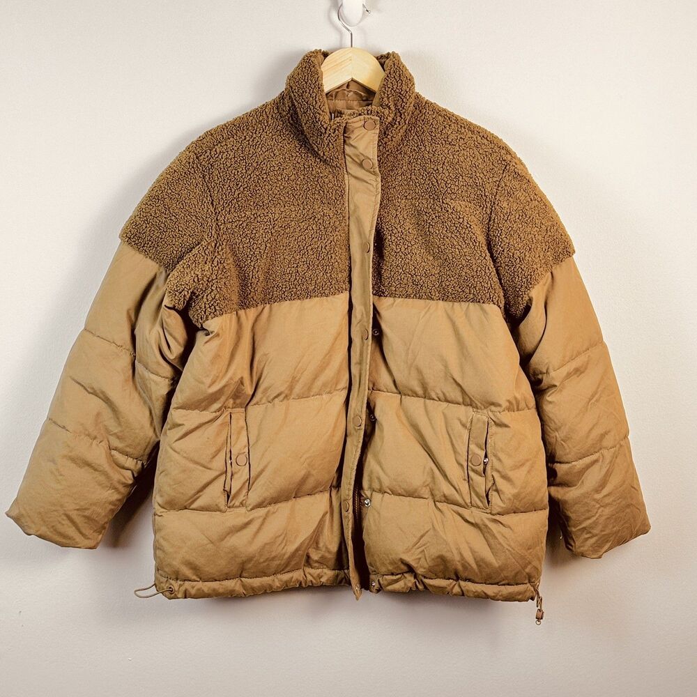Good American sherpa puffer jacket mix cocoon sepia Brown women Sz 1/M gorpcore - Picture 2 of 11